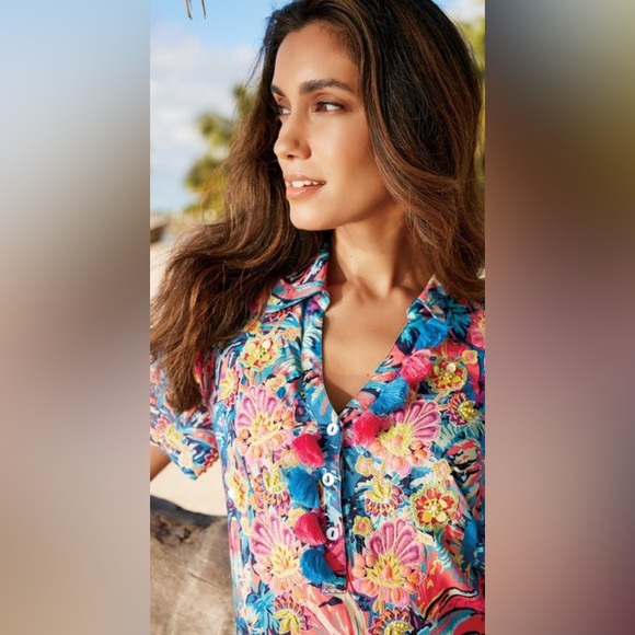 Soft Surroundings Florence Boho Embroidered Beaded Tropical Shirt Dress 2X 22W - Picture 13 of 14